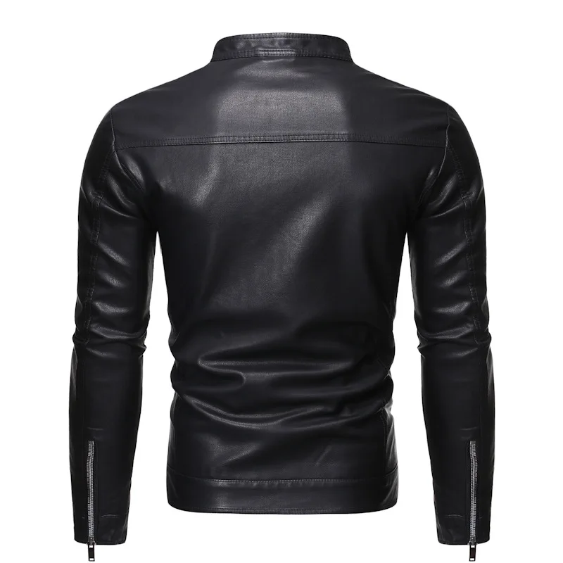 Men's Zippered Motorcycle Jacket, Informal Synthetic Leather Jacket  Park High Neck Clothing Backless Men's Pu Leather Jacket