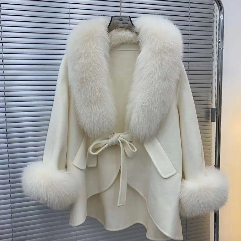 

2023 New Fashion Winter Autumn Women Woolen Jacket Real Big Fur Trim Collar High-end Cashmere Blends Luxury Fashionable Cloak