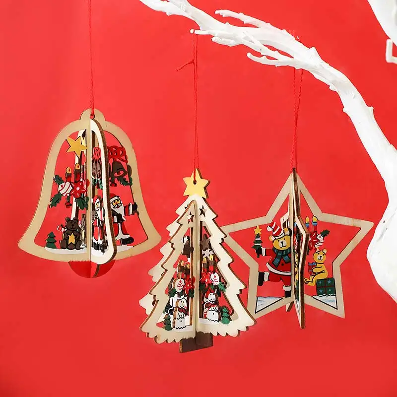 

Merry Christmas Wooden Pendant Small Bell Christmas Tree Shaped Xmas Tree Hanging Ornament Home Navidad New Year Gift Decoration