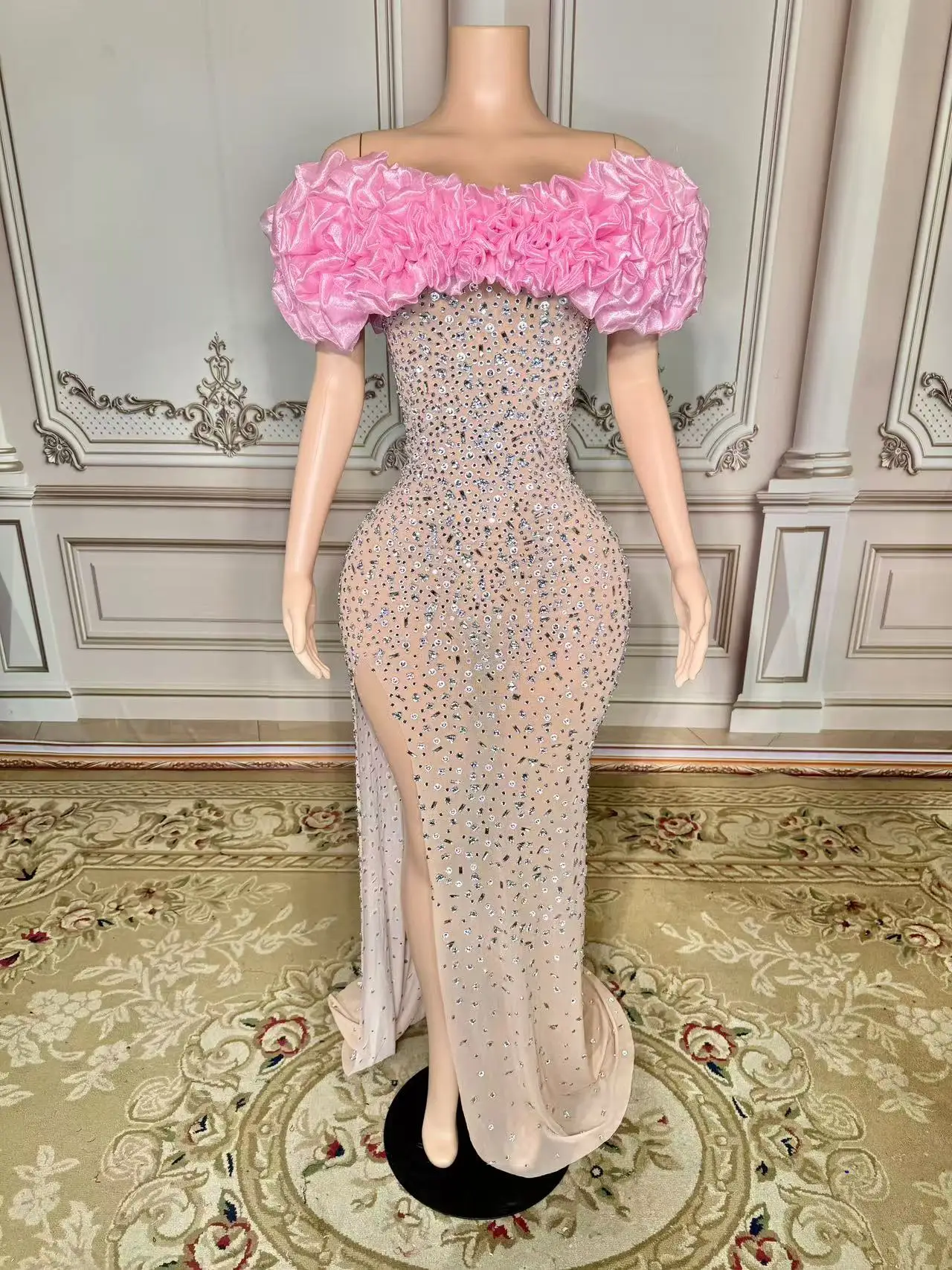 Sexy Sparkly Multicolor Rhinestones Sleeveless Mesh Transparent Short Dress Women Birthday Celebrate Prom Dance Dress Plus Size