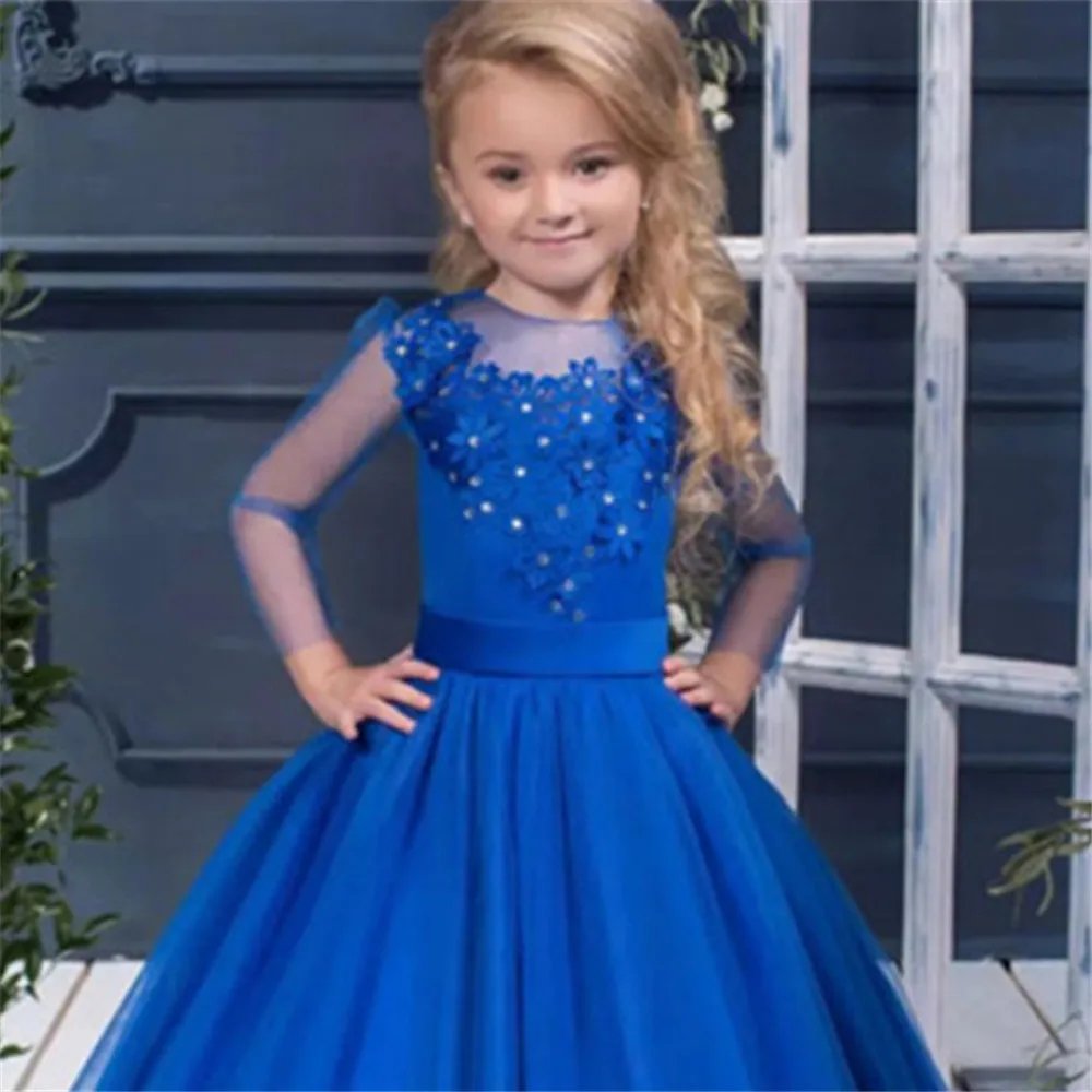 Vestido de renda tule para meninas, vestido de noiva, azul royal, manga cheia, primeira comunhão, bola, princesa, aniversário