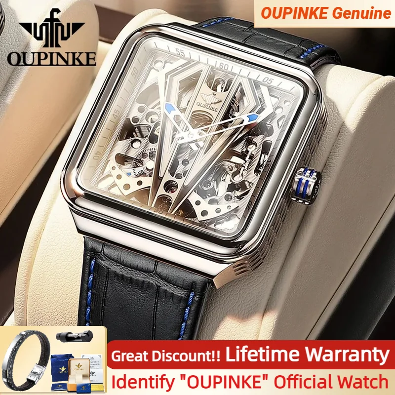 

OUPINKE Automatic Watch Men Skeleton Mechanical Watch Steampunk Sapphire Crystal Square Leather Transparent sports Wristwatch