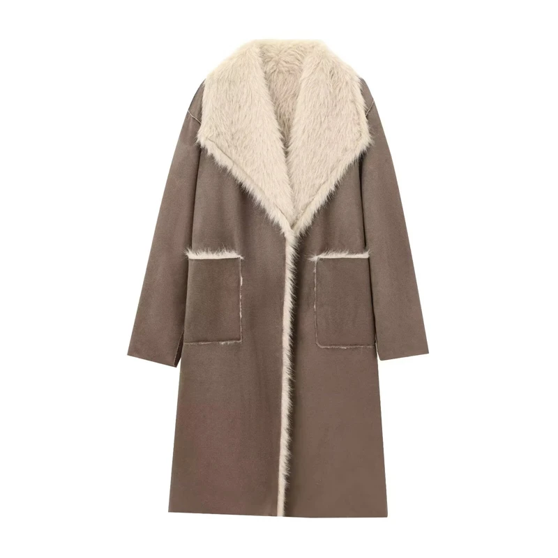 

Зимнее новое женское пальто KEYANKETIAN: двустороннее, с двумя карманами, декорированное овечьей шерстью, теплое, замшевое, длинное