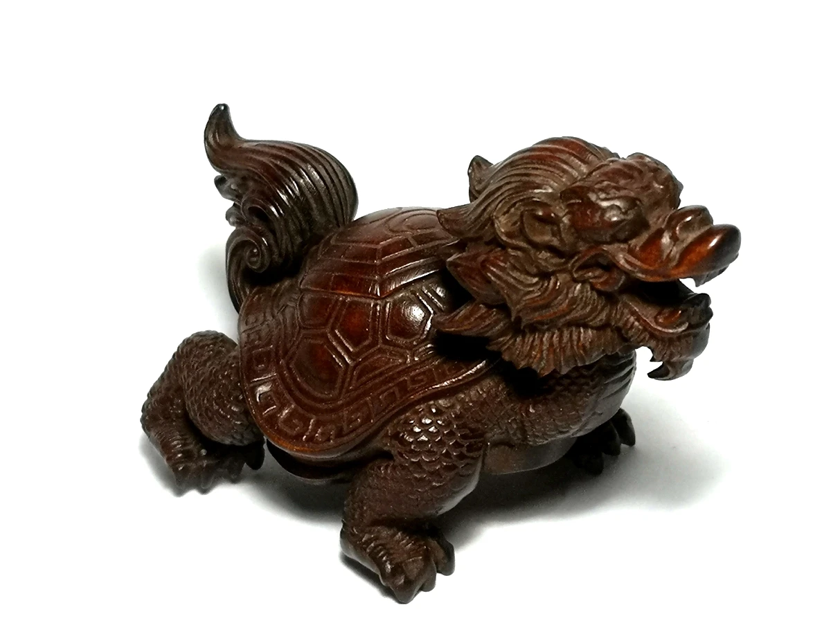 Length 7 CM Old Chinese boxwood Hand carved Dragon Turtle Figure statue desk Decoration Netsuke Gift Collection