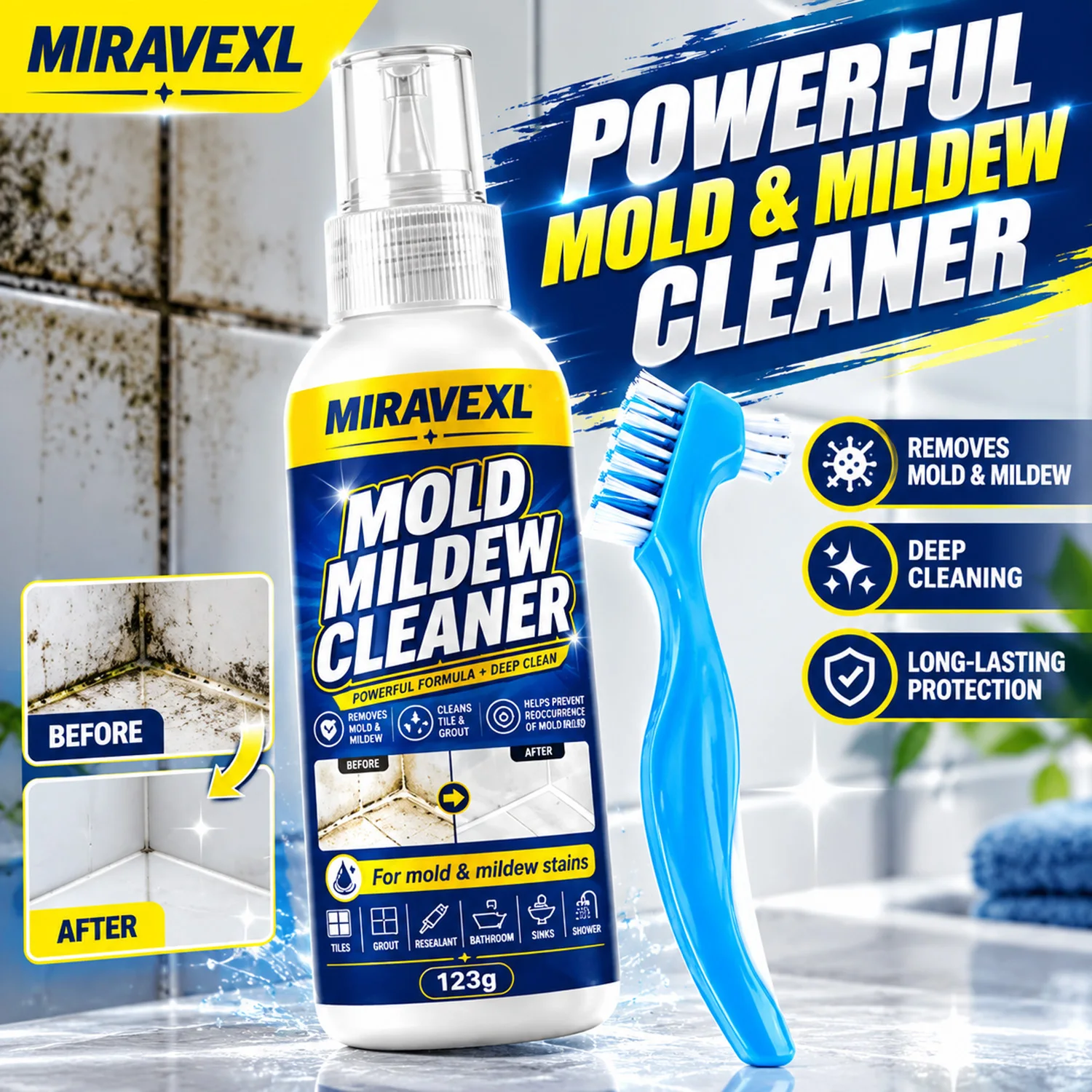 MIRAVEXL 123g Schimmelentferner-Gel für Tiefenflecken an Wandfliesen, Fugenmörtel, Silikonversiegelung in Küche und Bad mit Detailbürste
