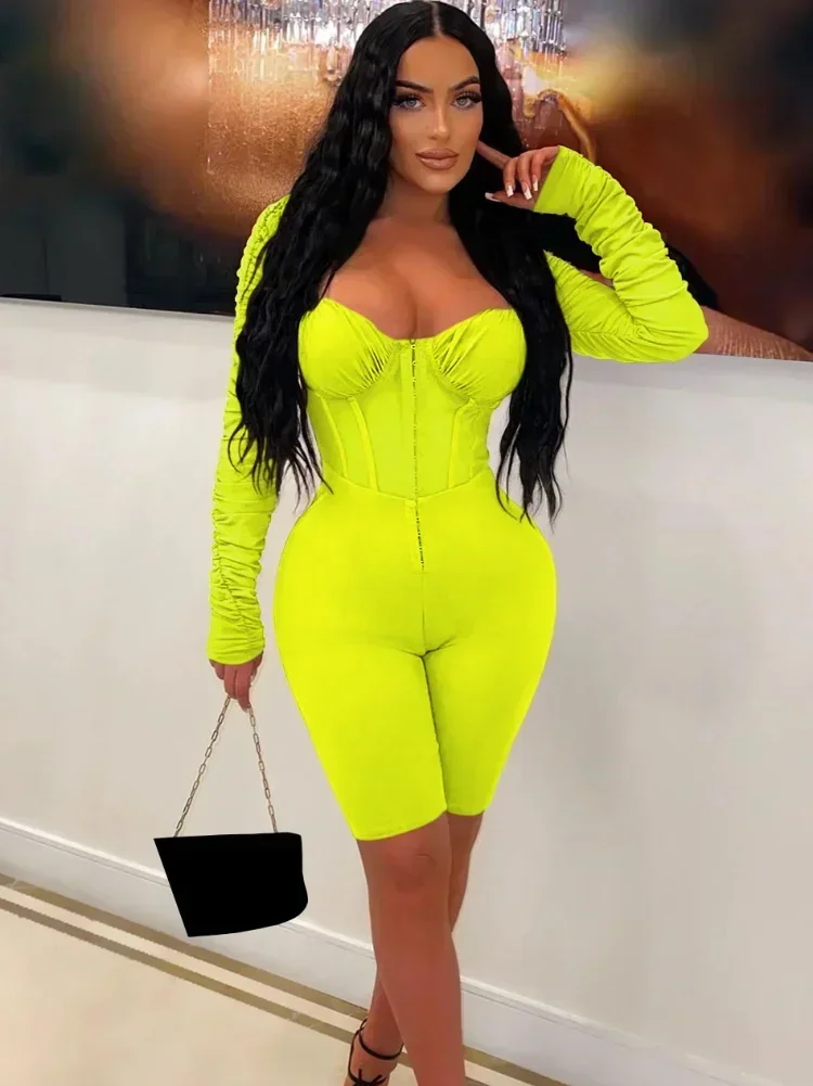 

GUWU Ruched Corset Mesh Patchwork Romper Women Jumpsuits Long Sleeve Buckle Short Jumpsuits Workout Overalls Sexy Party Clubwear