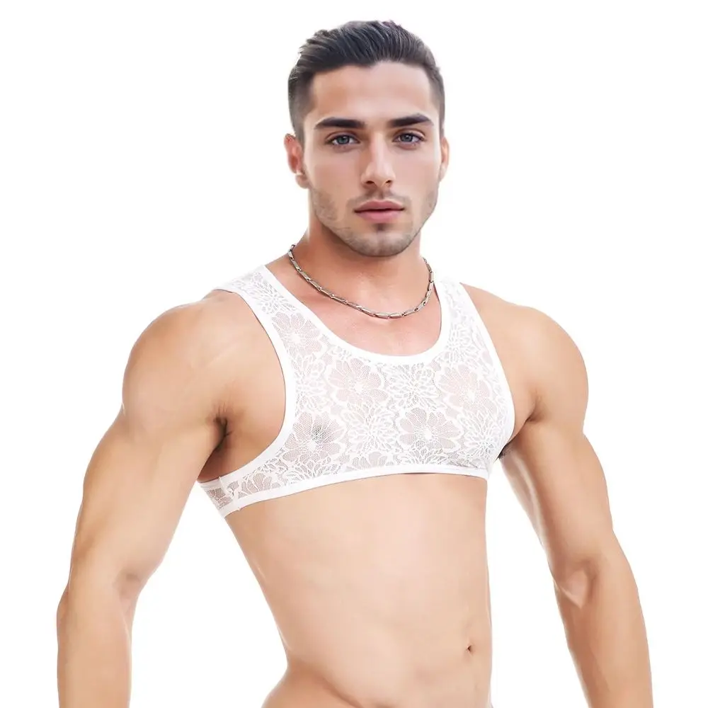 Men Lace Printed Tank Top Crossdressing Sleeveless Shirt Bra Crops Top Transparent Erotic Lingerie See-through Vest Sheer Bra