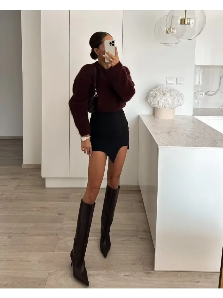 Women Vintage Red O-neck Casual Long Sleeved Loose Knitwear Sweater Pullover 2024 New Autumn Female High Streetwear Solid Tops