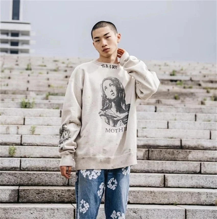 2024 Vintage Graffiti Figure Print Cotton Long Sleeve Round Neck Fleece Hoodie High Street Casual Loose Fashion Washed Trendy