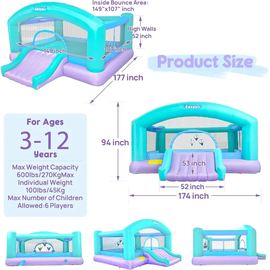 Großes Hüpfhaus für große 14,8 x 14,5 Fuß große aufblasbare Hüpfburg-Jumper-Rutsche mit 650 W Gebläse, Basketballkorb, Wurfball, Spielball