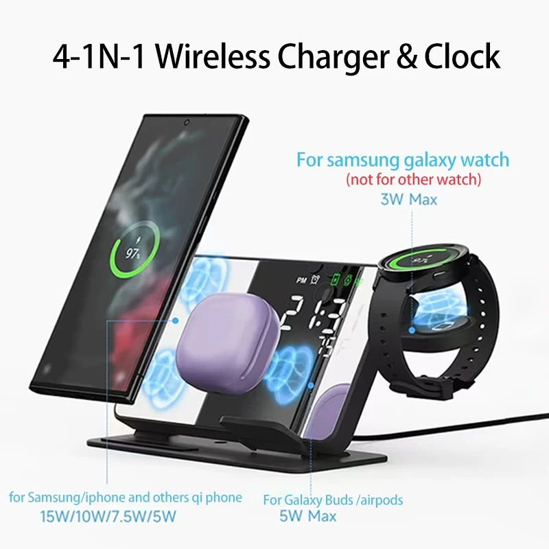 4 in 1 Wireless Charger Stand For Galaxy S24 S23 S22 S21 Fast Charging Station For Samsung Galaxy Watch 7 6 5 4 3 With Clock