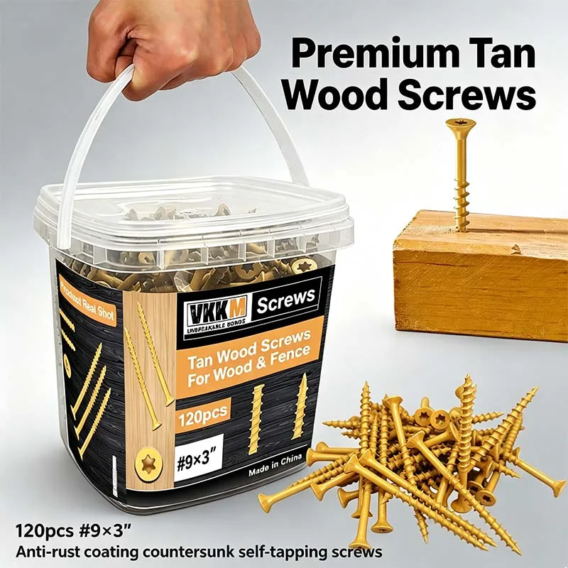 VKKM 120Pcs #9x3" Tan Wood Screws, Self-Tapping with Anti-Rust Coating, Heavy Duty for Fence Deck Woodworking DIY