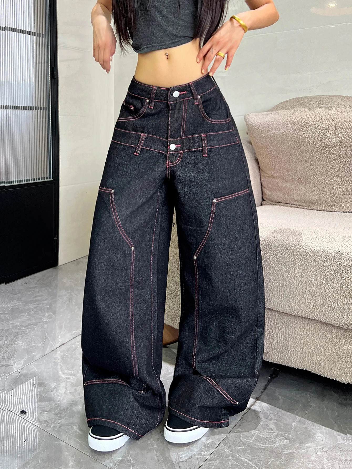 High Waisted Wide Leg American Y2K Jeans With Pink Thread, Double-Layer Waist And Star Letter Printed Loose Pants