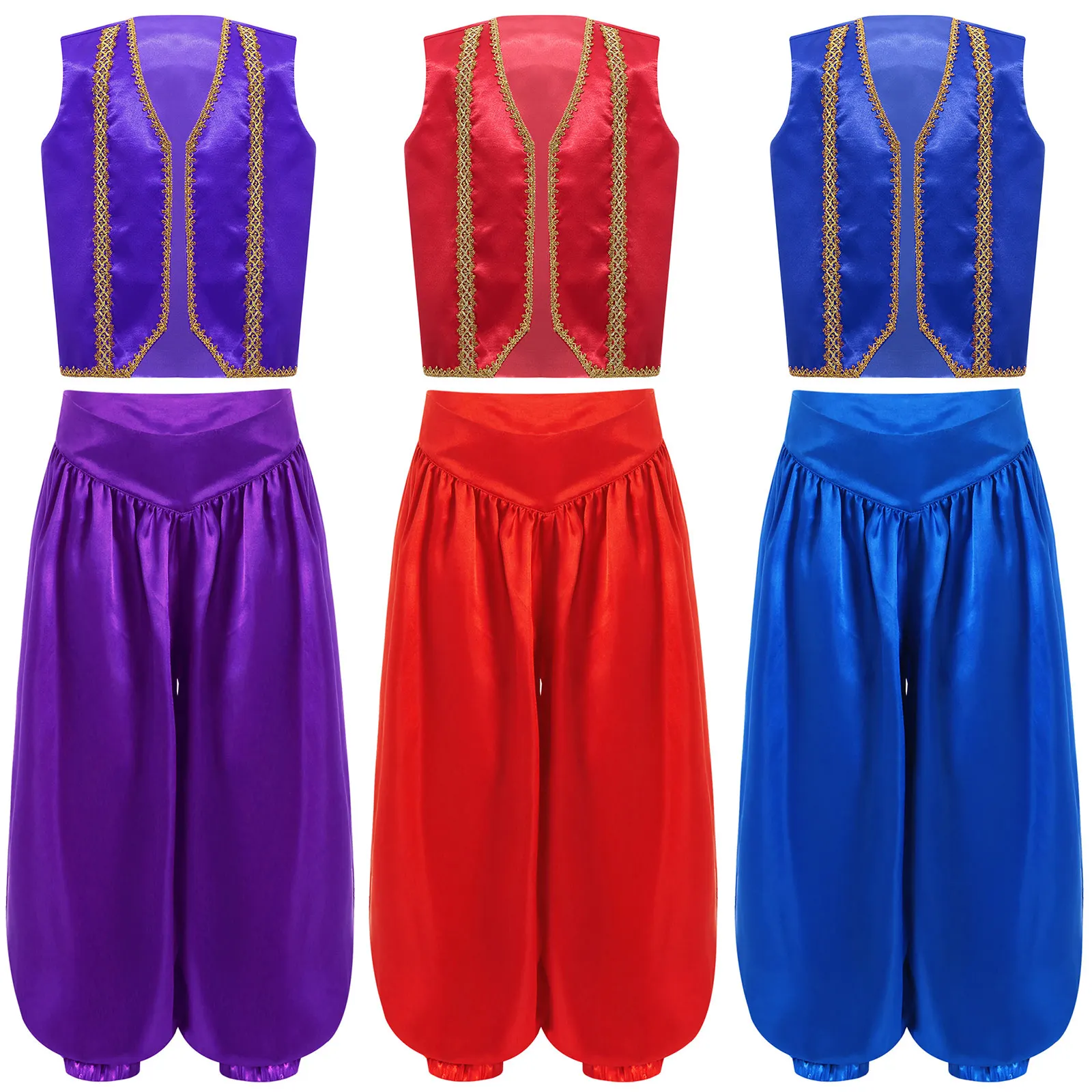 

Kids Halloween Arab Prince Costume Gold Trim Vest with Bloomers Pants Set Belly Dance Wear Fairytale Character Cosplay Dress Up