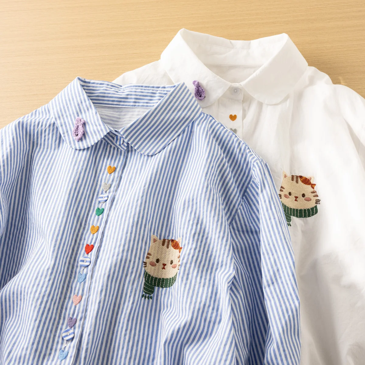 Japanese Sweet Mori Girl Striped Love Cat Embroidery Cotton Shirt Women Sprign Autumn Turn Down Collar Long Sleeve Casual Blouse