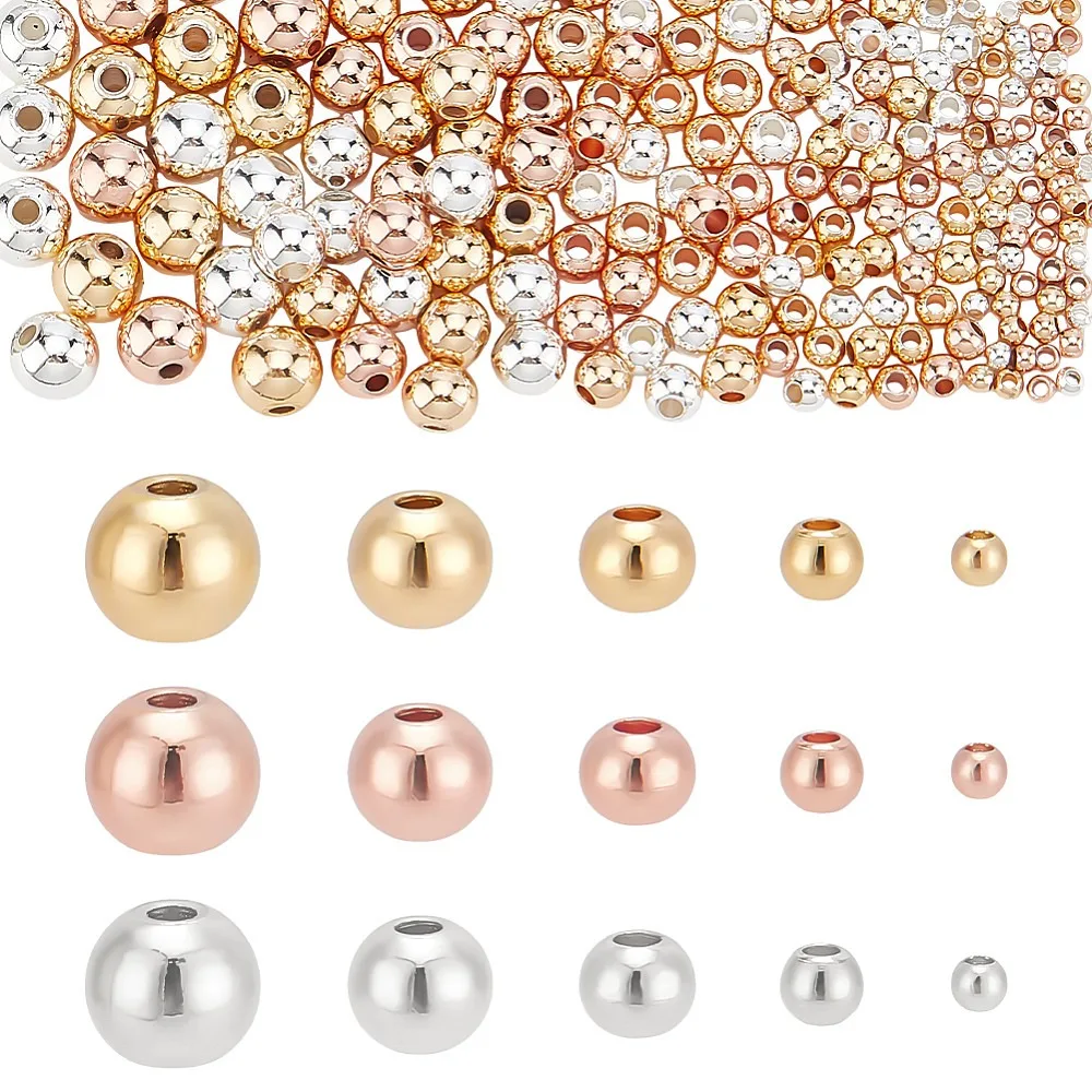 300pcs 5 Sizes Smooth Round Beads 3 Colors Round Spacer Beads Brass Loose Spacers Long-Lasting Plated Brass Beads for Hawaii
