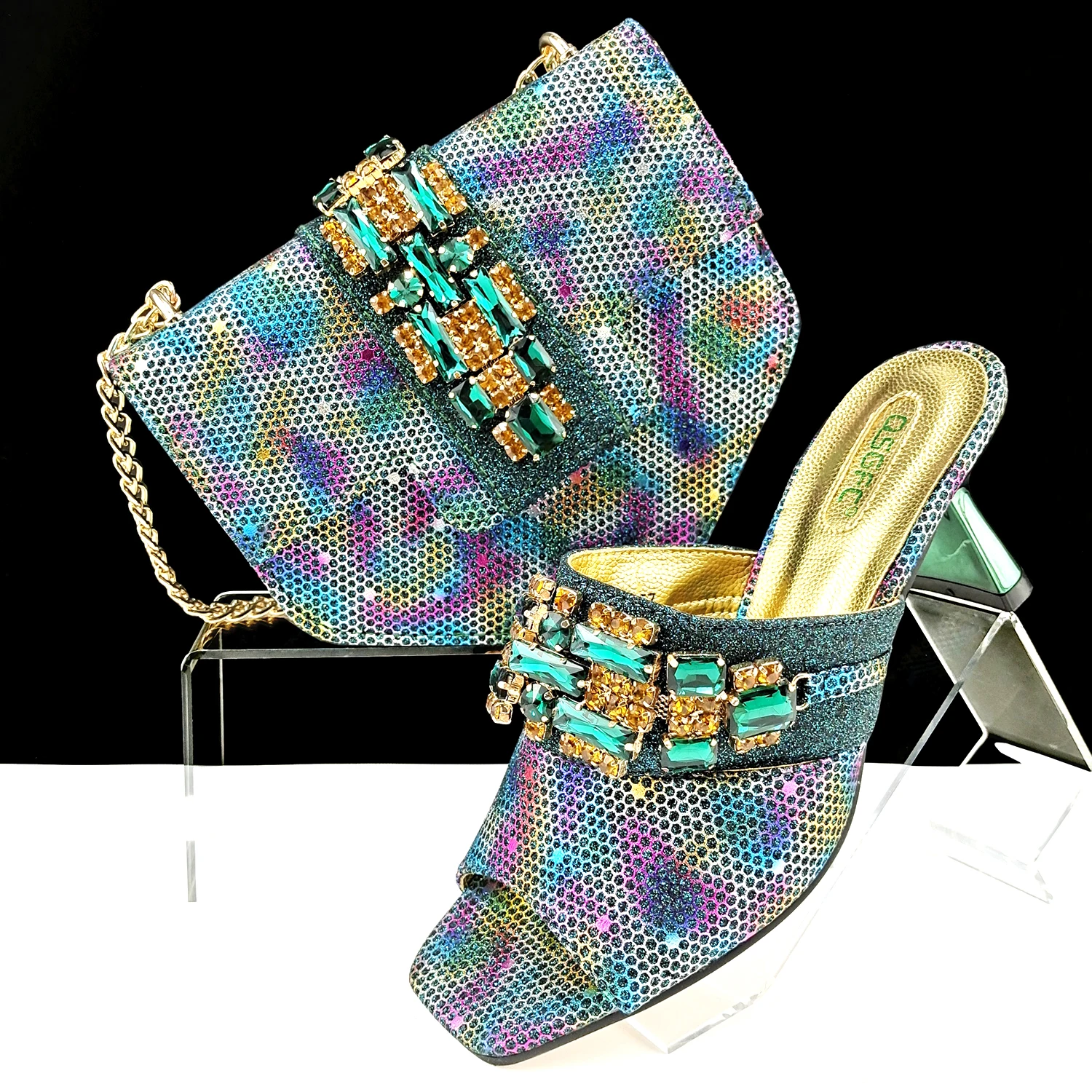 

Летний модный женский комплект обуви на высоком каблуке с сумкой 2024, итальянский стиль, зеленый цвет, Женская фотосессия