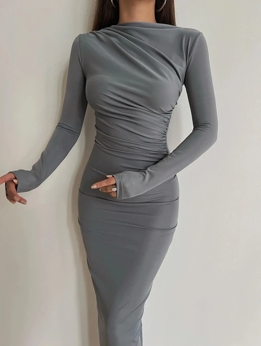 

Slim Fit Sexy Zippered Long Sleeved One Line Collar Multi-Color One Step Dress Dress Long Dress for Women