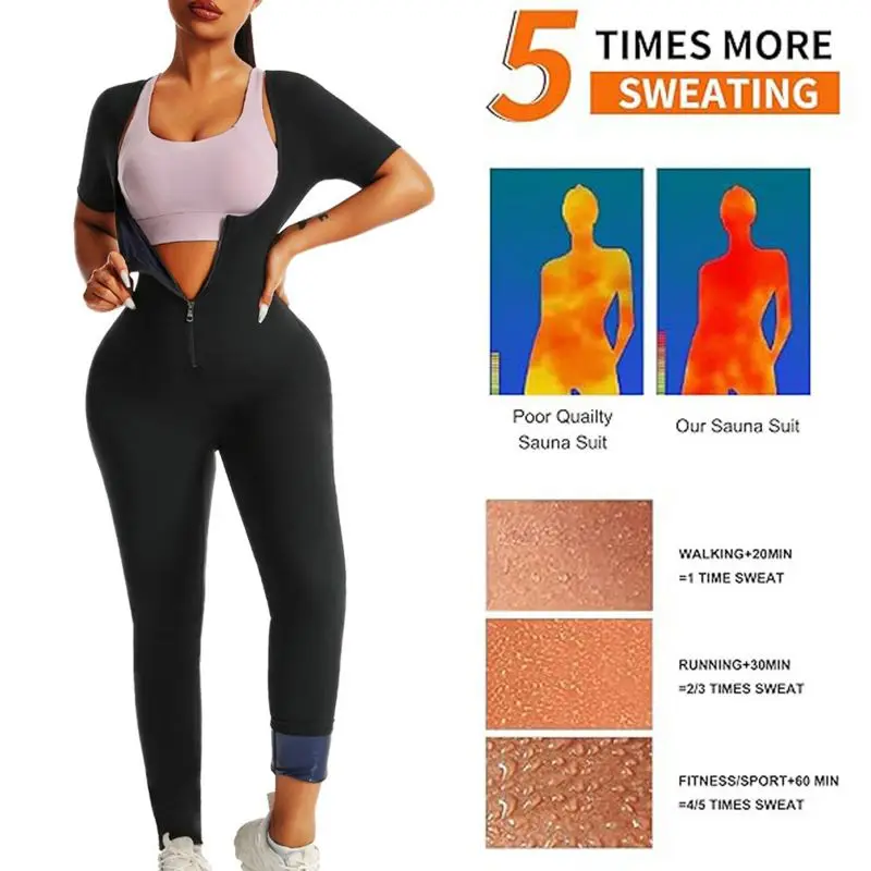 

Women Sauna Sweat Bodysuit One Piece Zipper Jumpsuit Shapewear Waist Trainer Compression Slimming Tummy Body Shaper Bodysuit