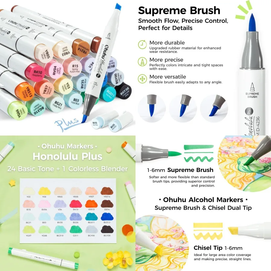 

Ohuhu Brush Markers Honolulu Plus: 24-Color Supreme Brush and Chisel Dual Tips Alcohol-Based Art Marker Set for Artist Adult Co