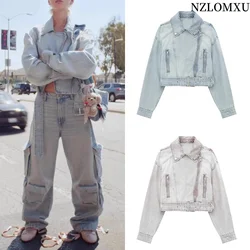 Women's Fashion Denim Biker Jacket Women Vintage Lapel Long Sleeve Zipper Belt Female Chic Coat