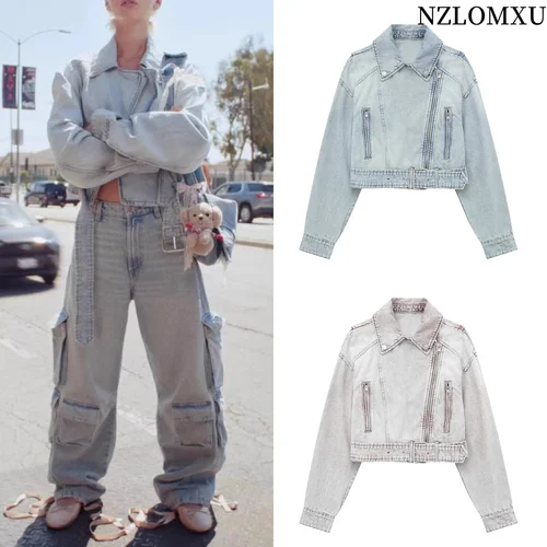 Chaqueta vaquera de motociclista a la moda para mujer, abrigo elegante con solapa Vintage de manga larga y cinturón con cremallera para mujer