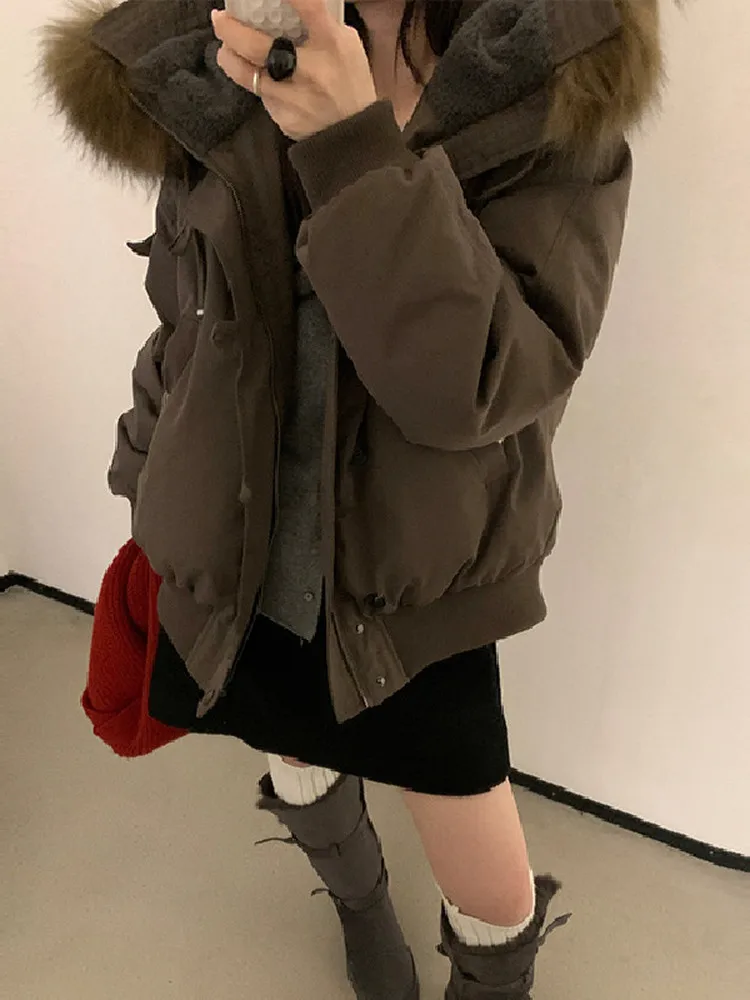 معطف بقلنسوة كوري منتفخ للنساء من Warmth مع ياقة من الفرو بتصميم Utili ket معطف Thiened Du down