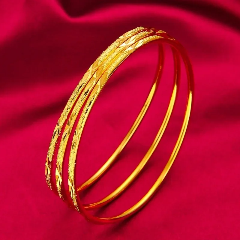 9999 Real 24K Yellow Gold Women's Bracelet Three Lives Three Generations Smooth Starry Sky Design with Fine Circles