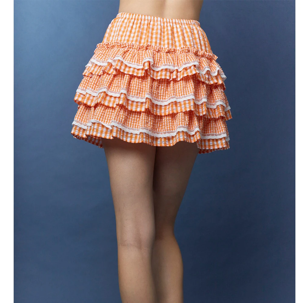 

Women y2k Vintage Plaid Pleated Mini Skirts Lace Trim Flowy A-line Layered Gingham Short Skirts Cute Ruffle Going Out Skirts