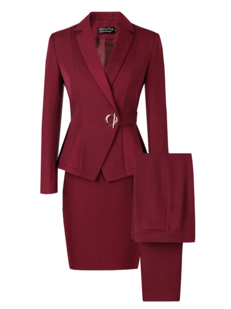 Women Skirt Suits Two Piece Set Office Ladies Blazer Pants  Wine Red Elegant  Business Suit Set Black Suits Work Wear Uniform