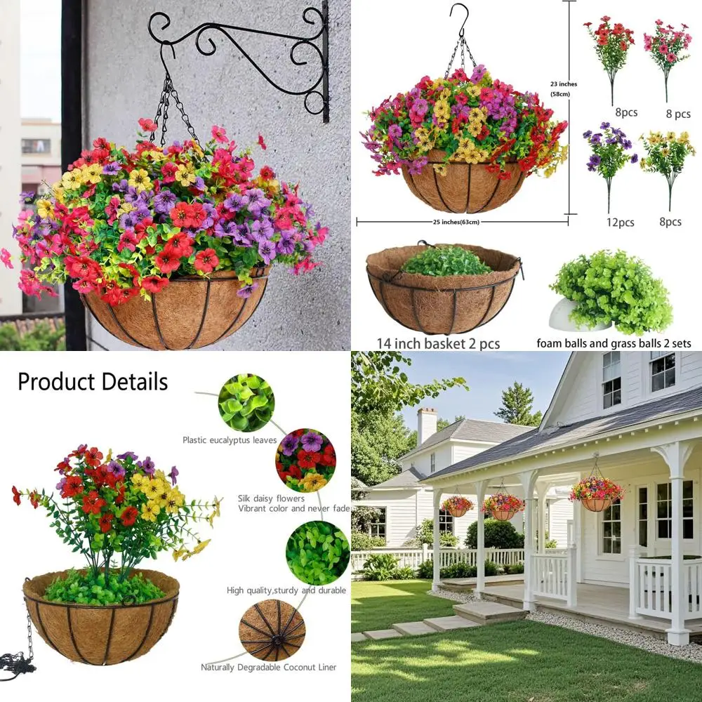 

14-Inch Large Hanging Plant Baskets with Artificial Flowers for Outdoor and Patio Decor, Multicolored Silk Floral Arrangements