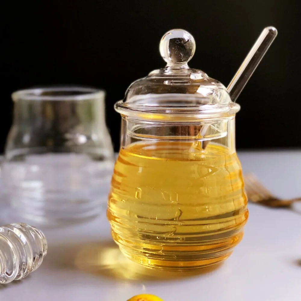 Honey Pot Jar Transparent Honeycomb Tank with Dipper and Lid  Wedding Party Office Kitchen Home Honey Storage Container