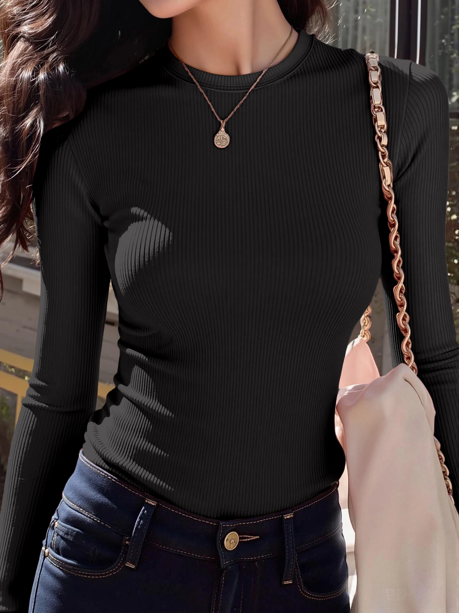Street-Style Minimalistische Damen-Rundhals-Rippstrick-Langarmshirts Schlanke Bodycon Hochelastische Lässige Herbst-Layering-Tops – Detail 2