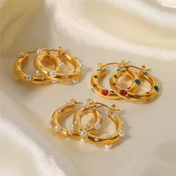 ANENJERY 316L Stainless Steel Imitation Pearl Colorful Zircon Hoop Earrings for Women Vintage Temperament Earrings Jewelry Gift