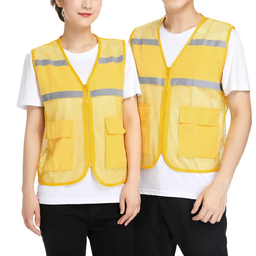 Hiking Vests See-through Loose Fit Women Men Work Vest Reflective Strip Non-fading Cardigan Volunteer Vest Coat Sports Waistcoat