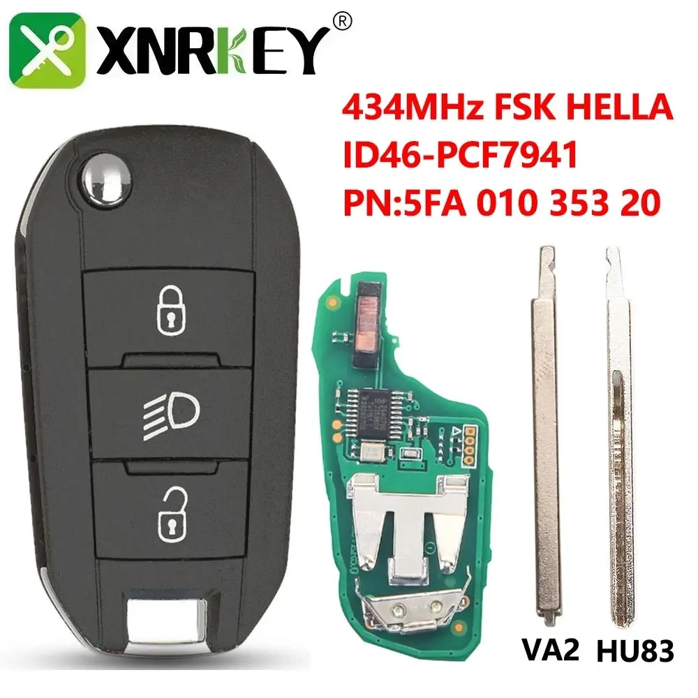 

XNRKEY 3 Button Light Flip Remote Car key ID46 Chip 434Mhz For Citroen C3 C5 Aircross Peugeot 208 308 508 2008 Hella Car Key