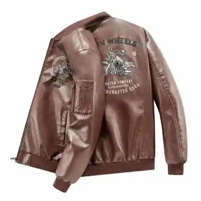 Men's PU Leather Jackets Emboridery Motorcycle Leather Jacket Autumn American Windproof Motorbiker Coat