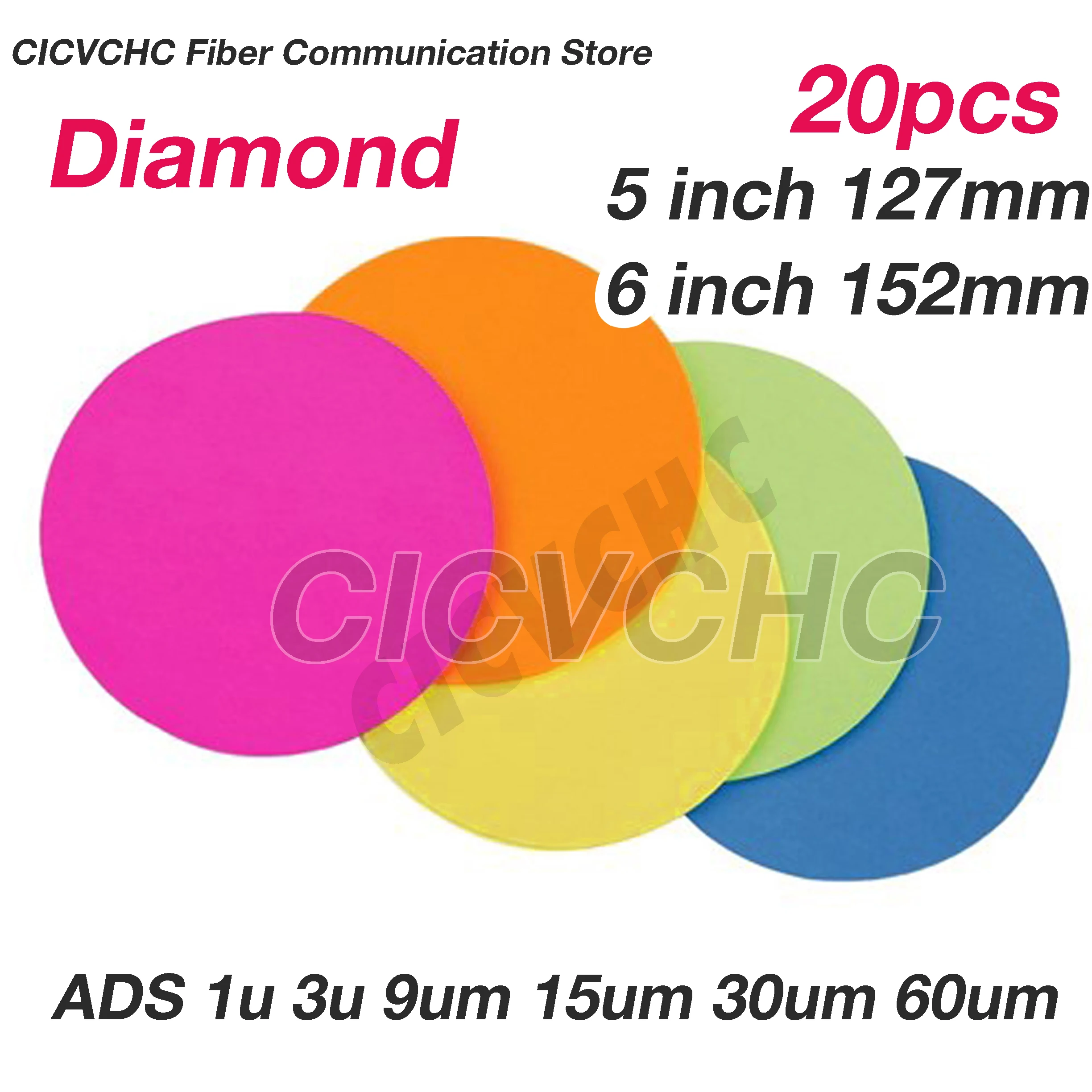 

20pcs Diamond Polishing Film with 6 inch 152.4mm, 5 inch 127mm, ADS, 1µm, 3µm, 9µm, 15µm, 30µm, 60µm Fiber, Glass, Metal
