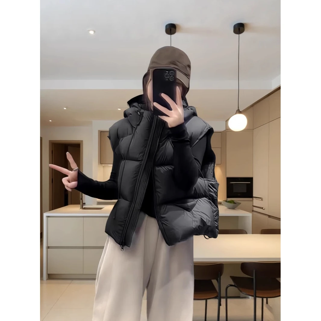 เสื้อกั๊กพัฟเฟอร์แบบสบายๆ สำหรับผู้หญิง บุขนเป็ด มีฮู้ด ปิดด้วยซิป เสื้อโค้ทแฟชั่นสำหรับฤดูหนาว