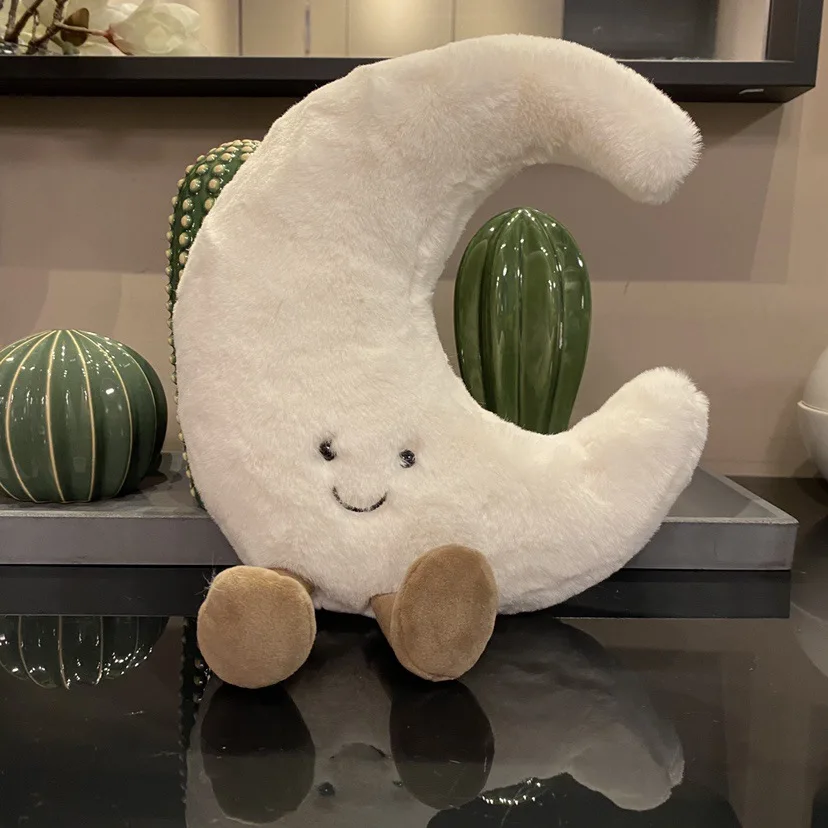 Adorable cara sonriente, Luna blanca, sol amarillo, peluche, lindo juguete de peluche meteorológico de dibujos animados para decoración de dormitorio de niños, almohada para sofá