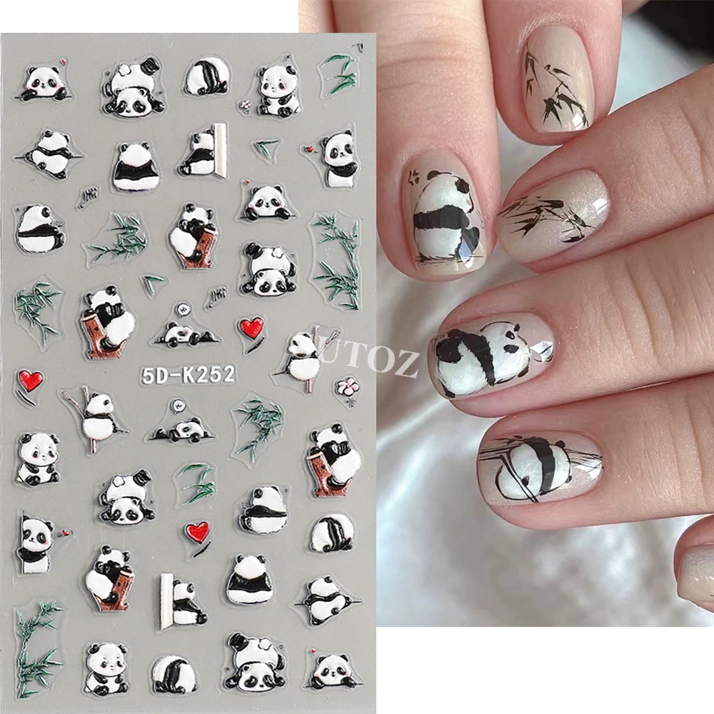 KrasnoNail Autocollants Mignon Dessin Animé Animal Nail Décalcomanies Bambou Cuir oral elu Style Chinois Curseur Manucure Feuille Kawaii Accessoires LEB5D-K251