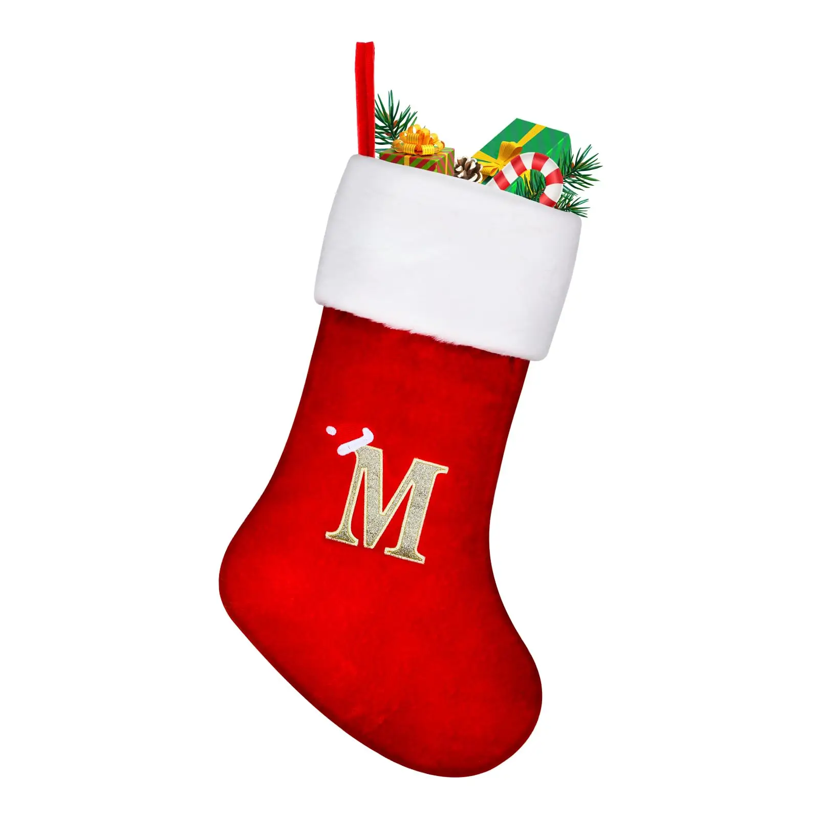 Kerstsok Groot 45 cm met Letter M Rood, Haarddecoratie, Katoenen Cadeautas, Kerstmis