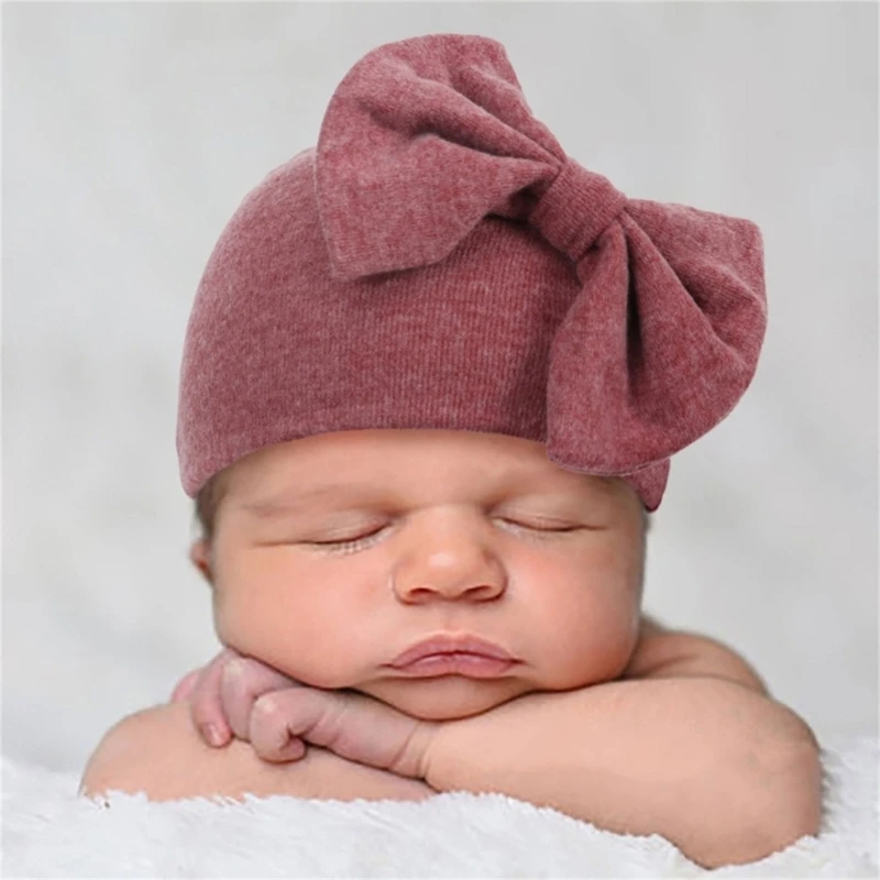 Newborns Hat Scratch Proof Gloves Set Baby Essential Anti Scratches Mittens and Solid Warm Bonnet Bowknot Caps