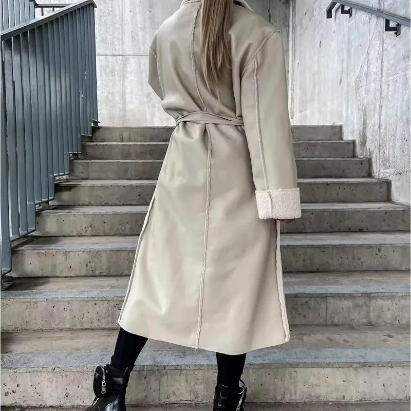 New Autumn/Winter Casual Leather Thickened Windbreaker with Pockets Long Windbreaker with Belt Loose Fashion Coat for Women