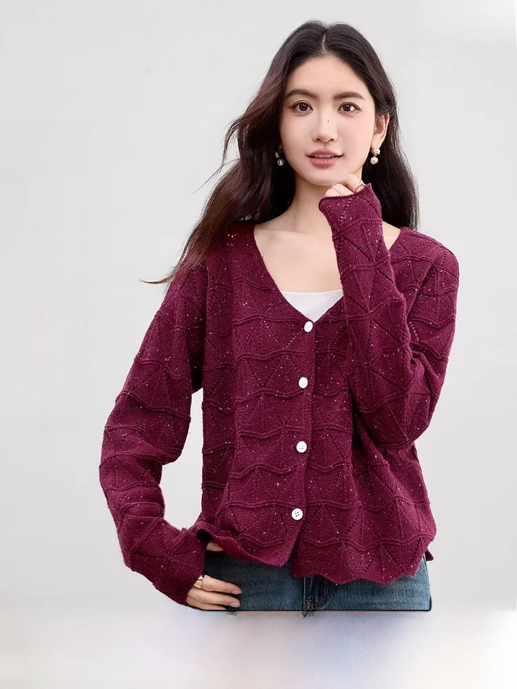 

Красный шерстяной открытый кардиган, свитер, женский осенне-зимний свитер V Ne Color Blo, свободный теплый вязаный топ