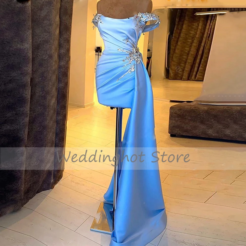 Women's Cocktail Dresses Off the Shoulder Satin  Gown Mini Sheath/Column Crystal Draped Train Short Party Dress Sky Blue