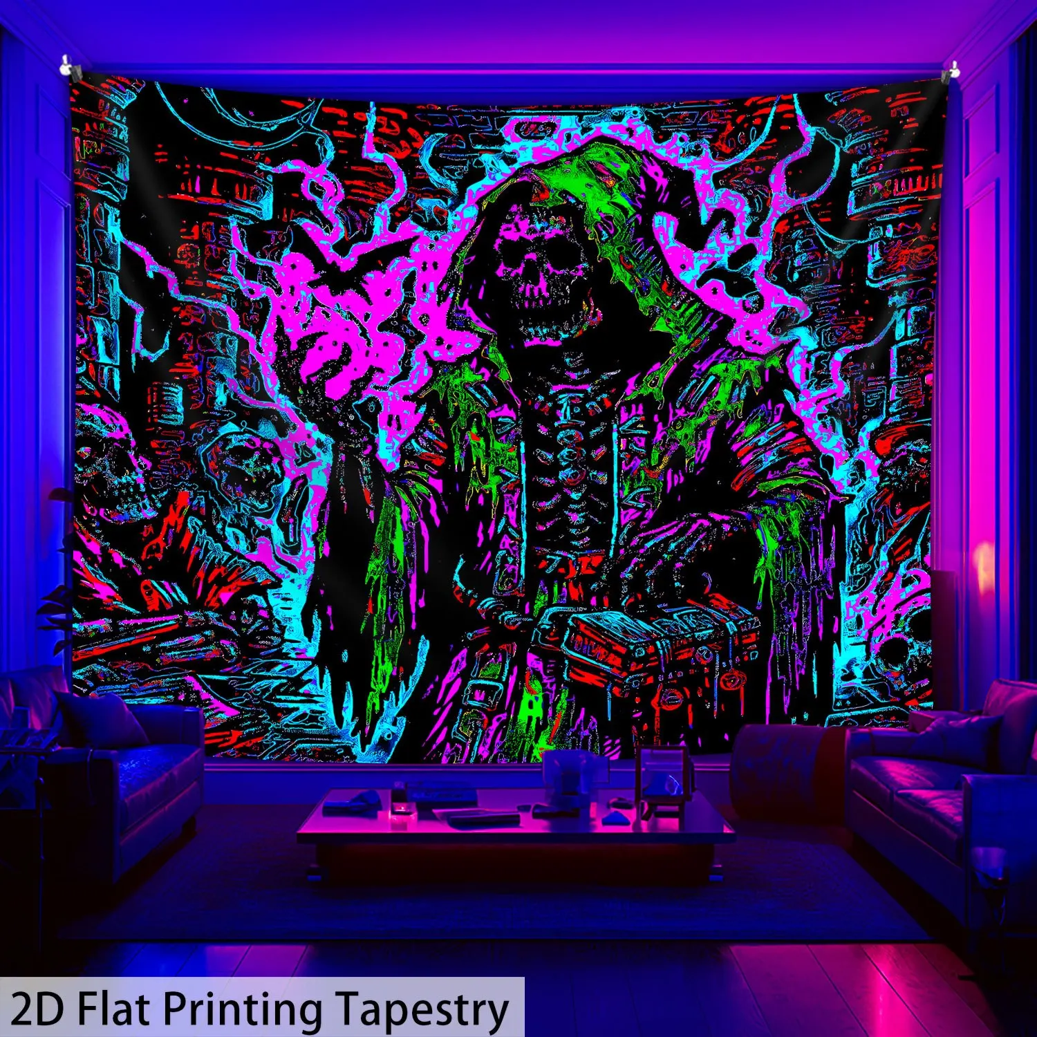 VIKAMA Psychedelischer Totenkopf-Wandteppich, leuchtende Stadt, Halo, Gaming-Raum, Esports-Raum, Musik, Party, Raumdekoration