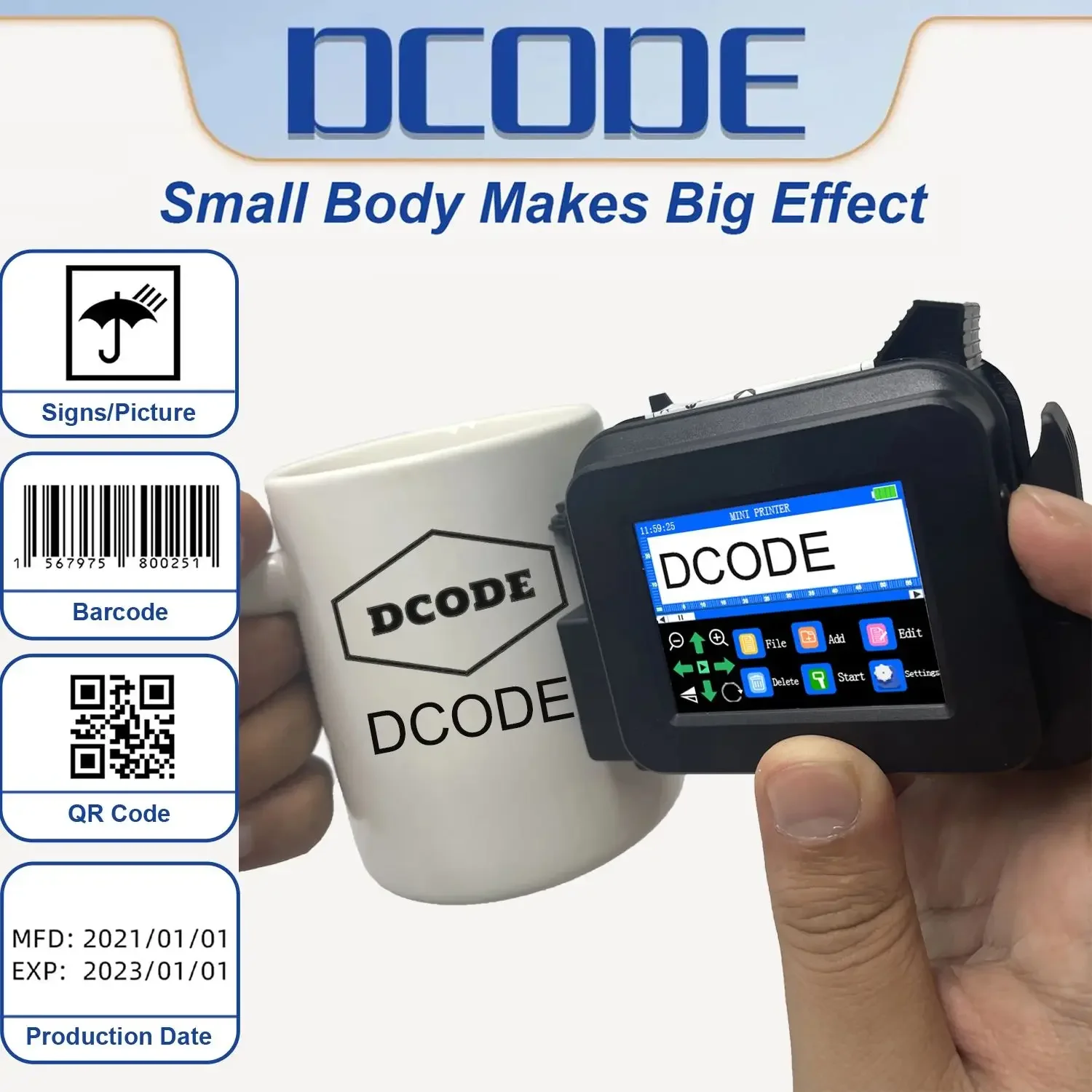 DCODE XMINI 12.7mm Portable Mini Handheld Thermal Inkjet Printer Handy Text QR Barcode Batch Number Image Logo Date Label Coder