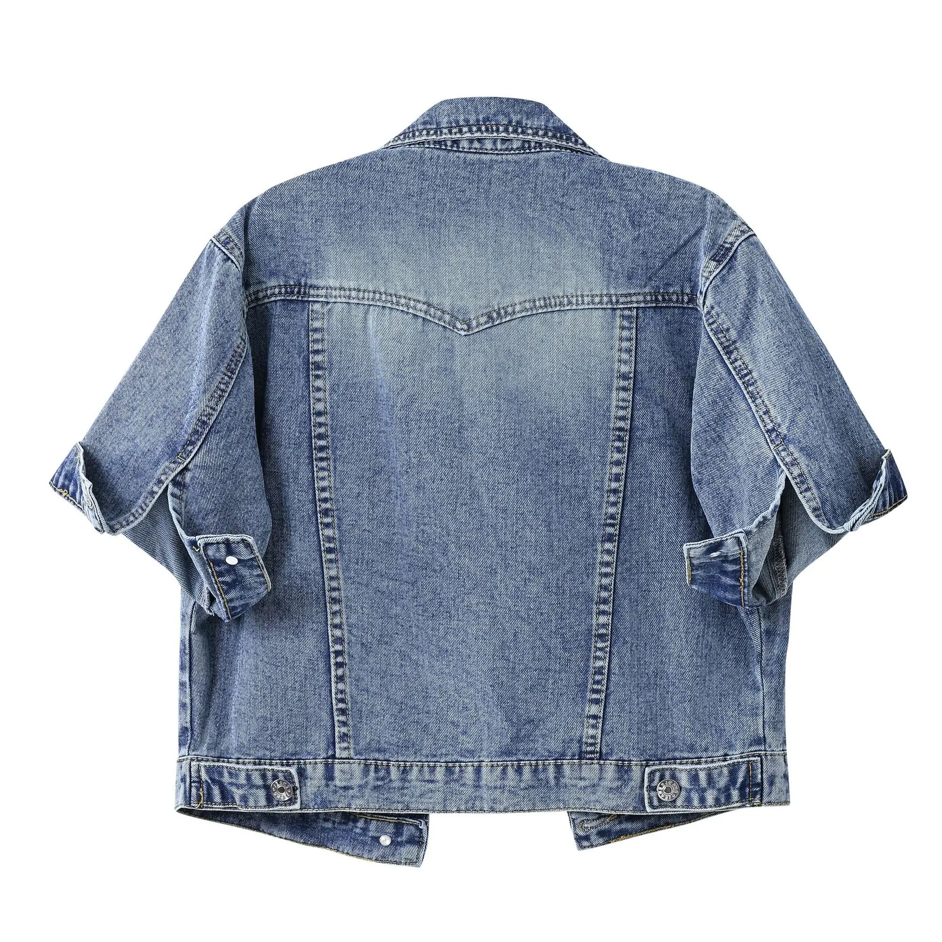 Heavy-duty Fashionable Beaded Short Denim Jacket for Women, Loose-fitting Short/medium-sleeved Casual Top Jacket