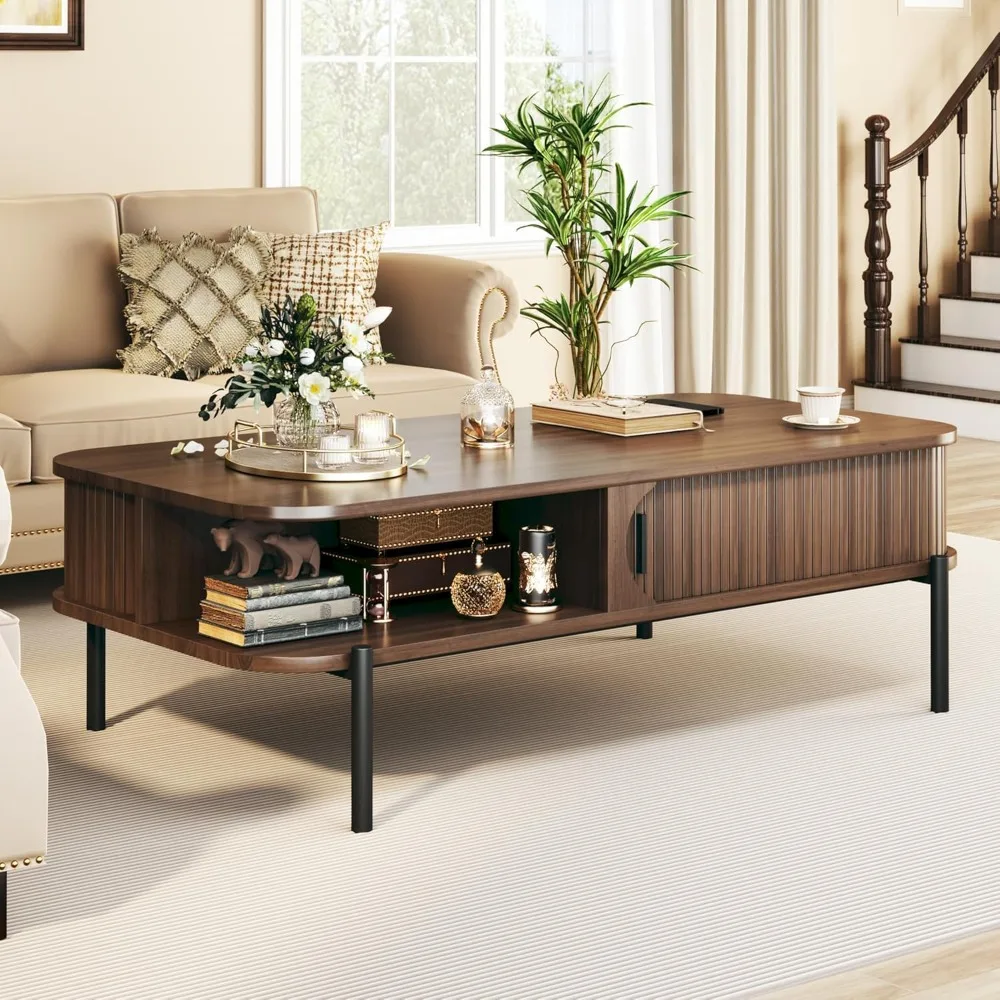 Coffee Table, 47.2 Mid Century Modern Coffee Tables for Living Room, Coffee Table with Storage Open Shelf, Fluted Table